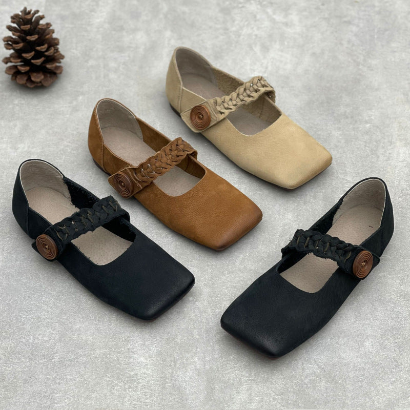 Artistic Retro Square Toe Handmade Woven Strap Leather Flats