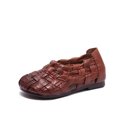 Babakud Retro Genuine Leather Woven Hollow Slip-Ons Flats Shoes