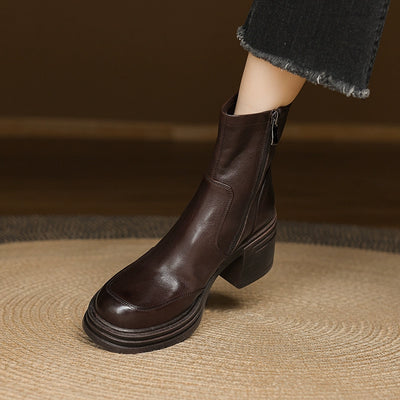 Autumn Genuine Leather Casual Soft Sole Round Toe Chunky Boots