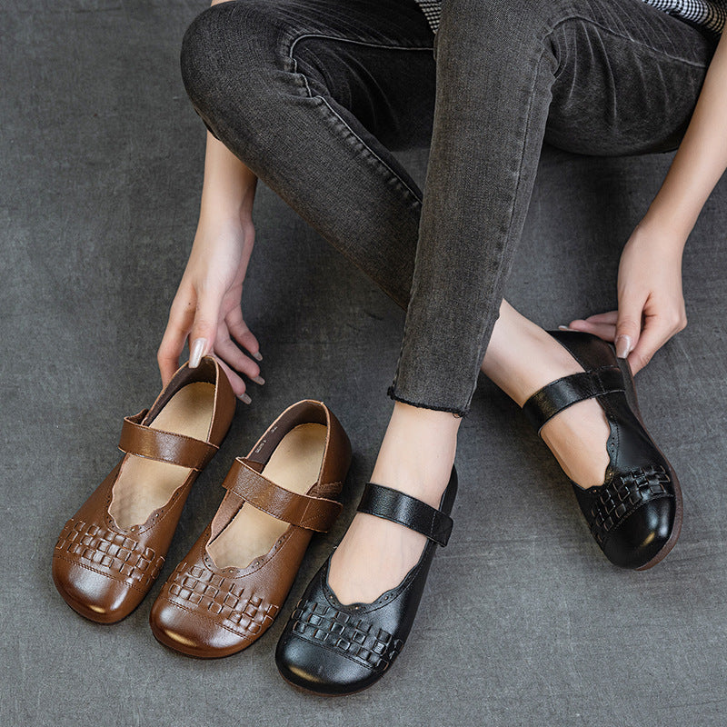 Summer Retro Leather Closed Toe One Straped Velcro Shoes