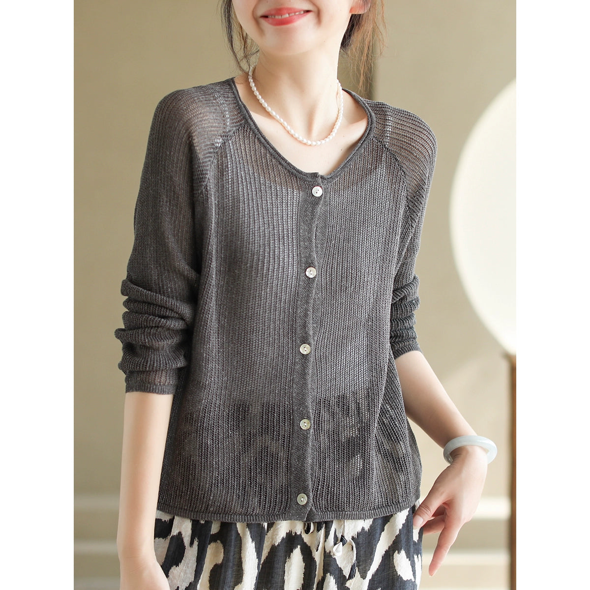 Women Autumn Linen Woven Round Neck Cardigans