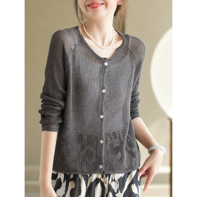 Women Autumn Linen Woven Round Neck Cardigans