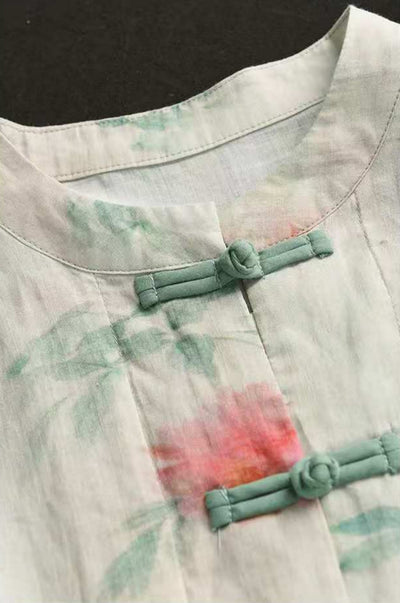 Ladies Vintage Printed Ramie Shirt Chinese Style Elegant Jacket