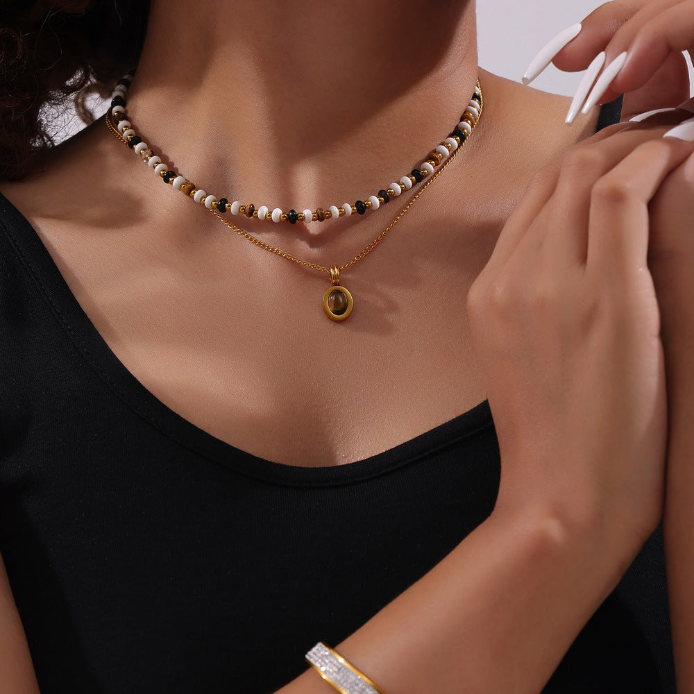 Layered Beaded Necklace Tiger Eye Pendant Titanium Choker Chain