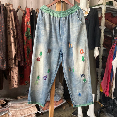 Autumn Retro Denim Patchwork Letters Embroidered Loose Jeans