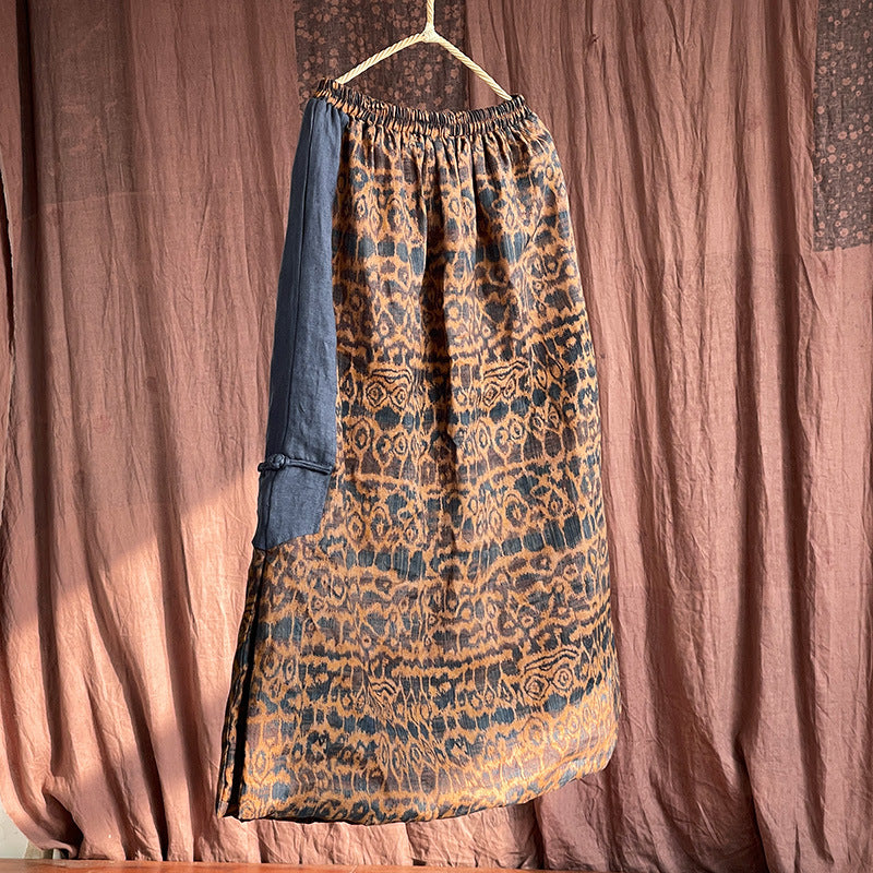 Ethnic Printed Slit Warm Padded Cotton Linen Midi Skirt