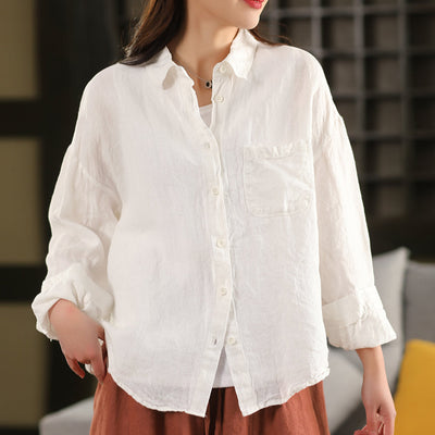 Women Spring Retro Pure Linen Solid Color Casual Blouse