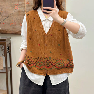 Women Autumn Cotton V-Neck Embroidered Loose Cardigans