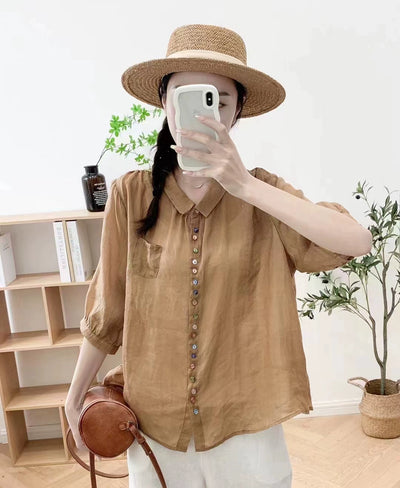 Summer Ramie Casual Versatile Colorful Button Loose Shirt