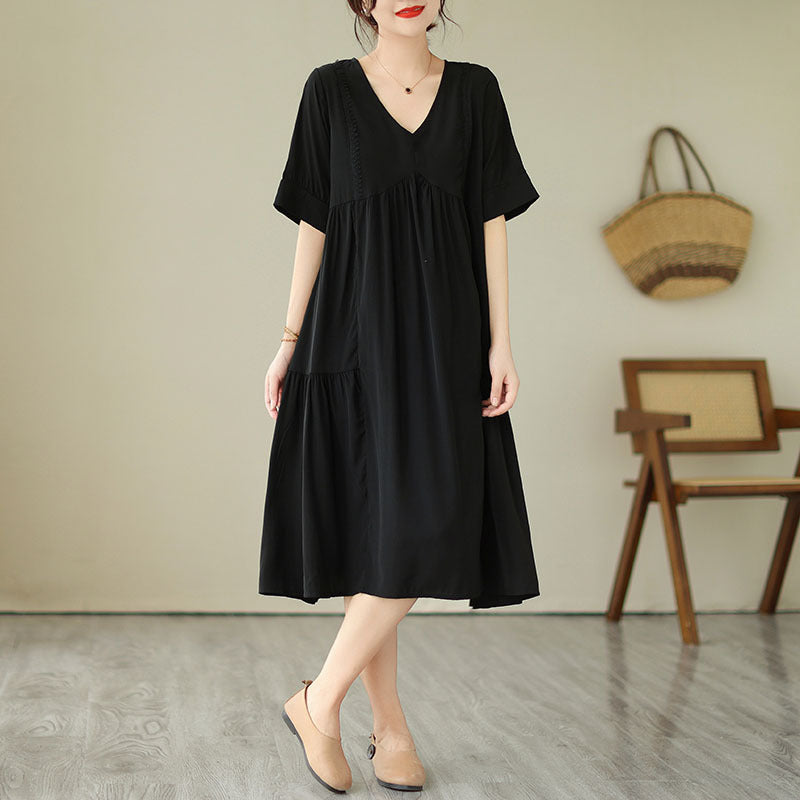 Babakud Summer Elegant Solid Color V-Neck A-Line Loose Dress