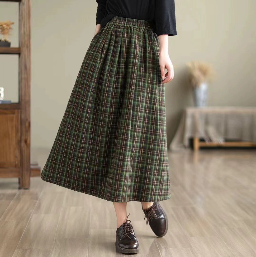 Women Summer Retro Cotton Plaid Loose Versatile A-Line Skirt