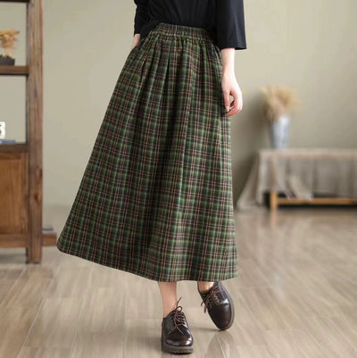 Women Summer Retro Cotton Plaid Loose Versatile A-Line Skirt