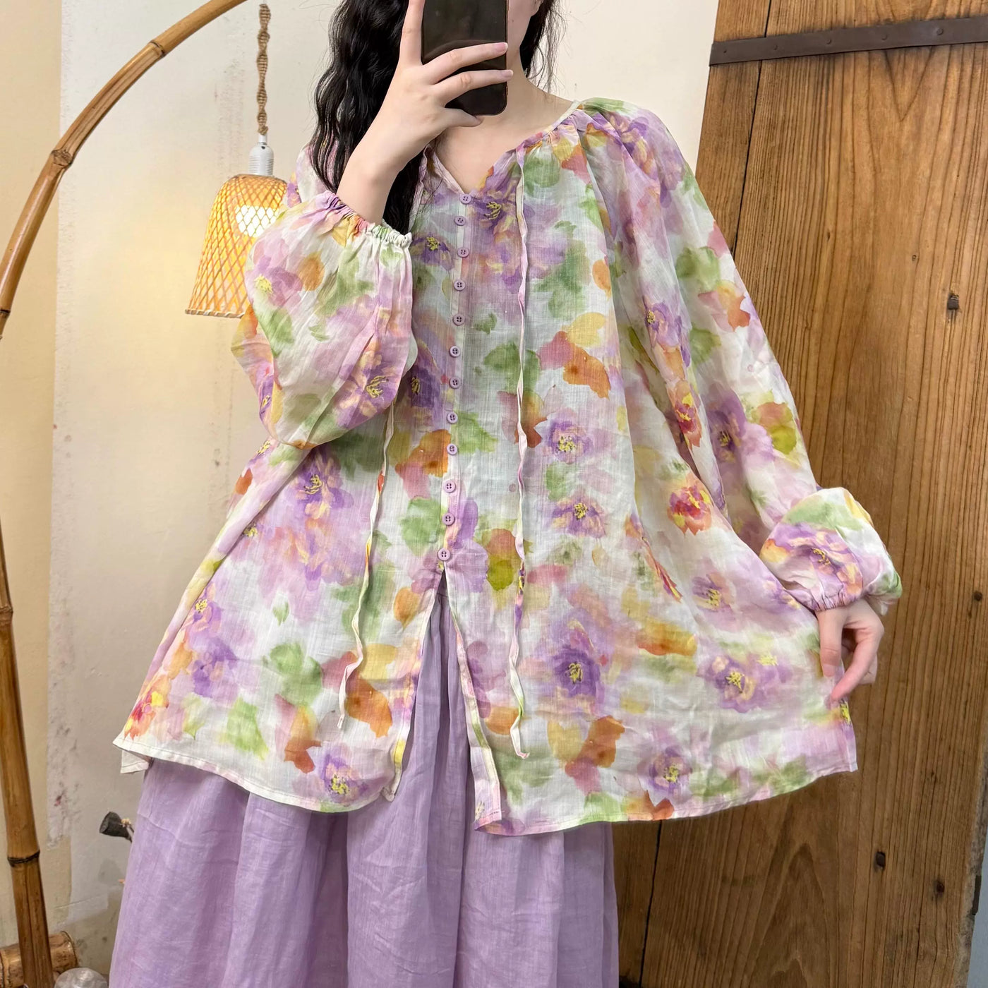 Women Spring Vintage Ramie Printed Floral Long Sleeve Shirt