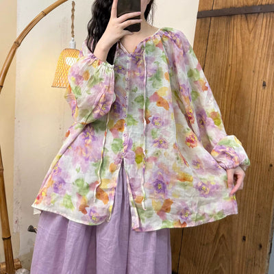 Women Spring Vintage Ramie Printed Floral Long Sleeve Shirt