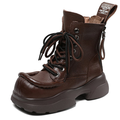 Ladies Stylish Square Toe Platform Lace-Up Leather Martin Boots