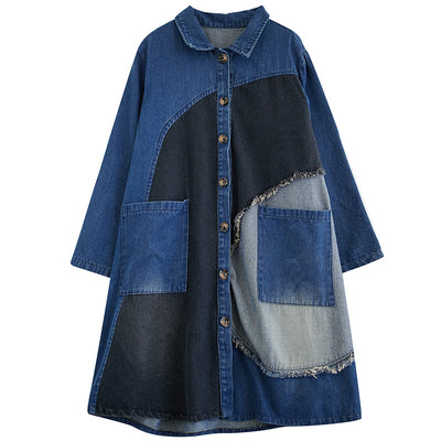 Women Autumn Retro Denim Patchwork A-Line Coat