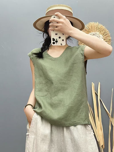 Women Summer Linen Round Neck Sleeveless Solid Color Vest