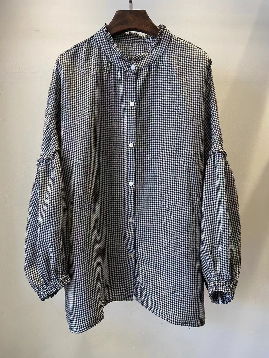 Ladies Loose Plaid Striped Ruffled Single-Breasted Linen Shirt