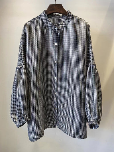 Ladies Loose Plaid Striped Ruffled Single-Breasted Linen Shirt
