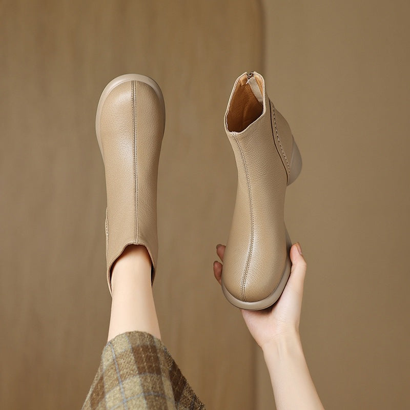 Retro Autumn Sheepskin Leather Soft Chunky Zipper Boots