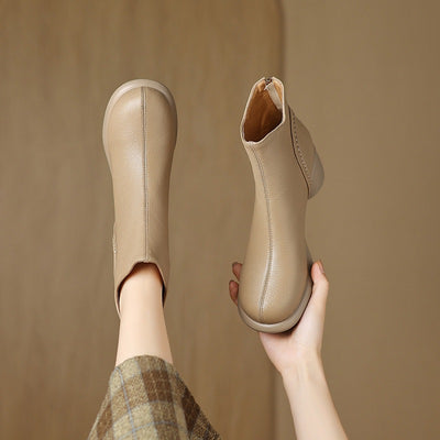 Retro Autumn Sheepskin Leather Soft Chunky Zipper Boots