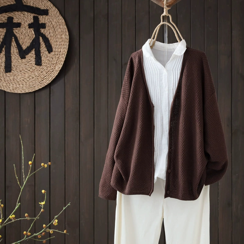 Retro Autumn Cotton Knitted V-Neck Casual Solid Color Cardigans