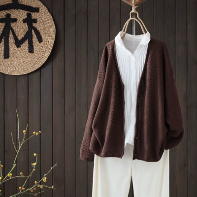 Retro Autumn Cotton Knitted V-Neck Casual Solid Color Cardigans