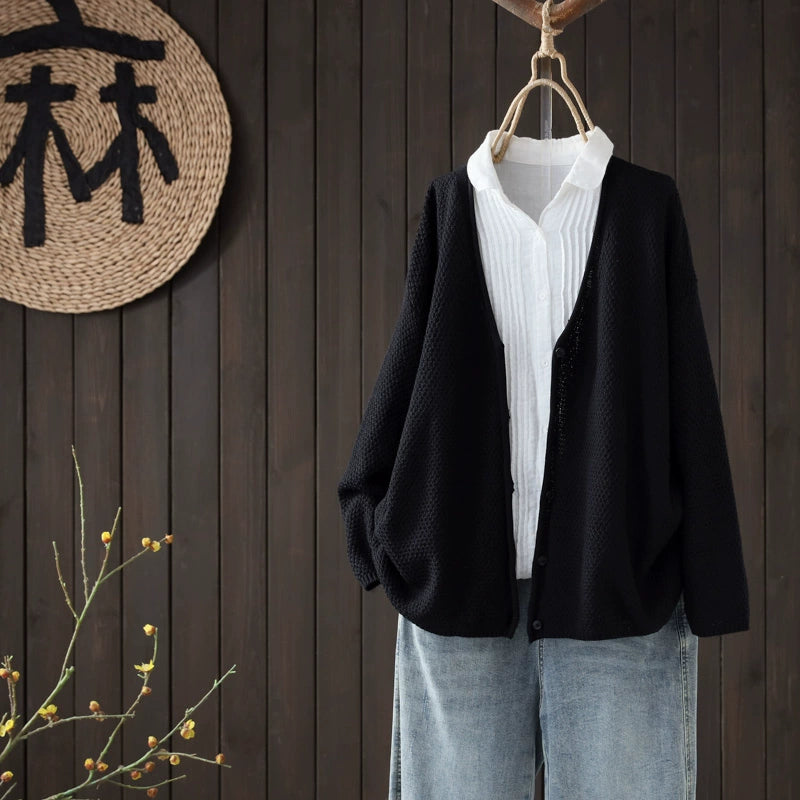 Retro Autumn Cotton Knitted V-Neck Casual Solid Color Cardigans