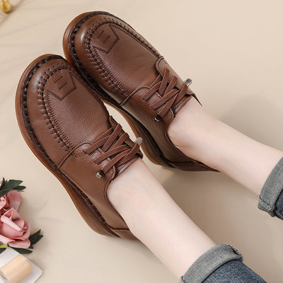 Women Retro Comfy Genuine Leather Platform Wedge Soft Sole Shoes