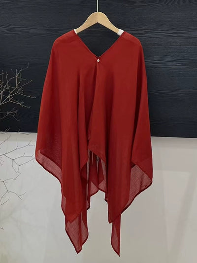 Women Spring Retro Casual Ramie V-Neck Asymmetric Shirt