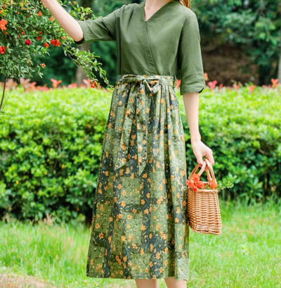 Ladies Spring Floral Printed Cotton Linen A-Line Dresses