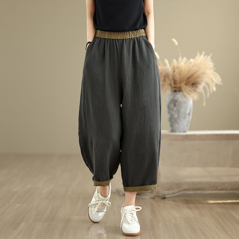Women Casual Contrast Trim Workwear Cotton Linen Cropped Pants