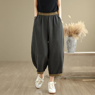 Women Casual Contrast Trim Workwear Cotton Linen Cropped Pants