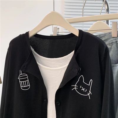 Women Retro Cute Knitted Embroidered Round Neck Cardigans