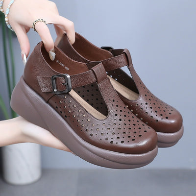 Women Summer Retro Leather Hollow Platform Sandals
