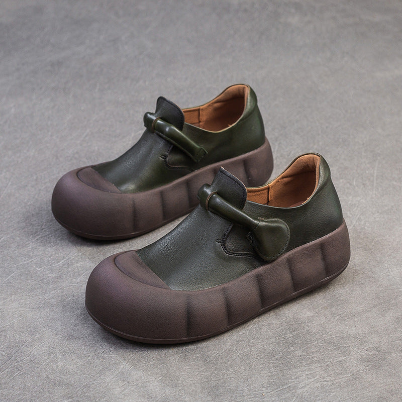 Ladies Retro Leather Platform Soft Sole Round Toe Slip-Ons
