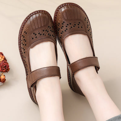 Women Retro Summer Genuine Leather Velcro Platform Sandals