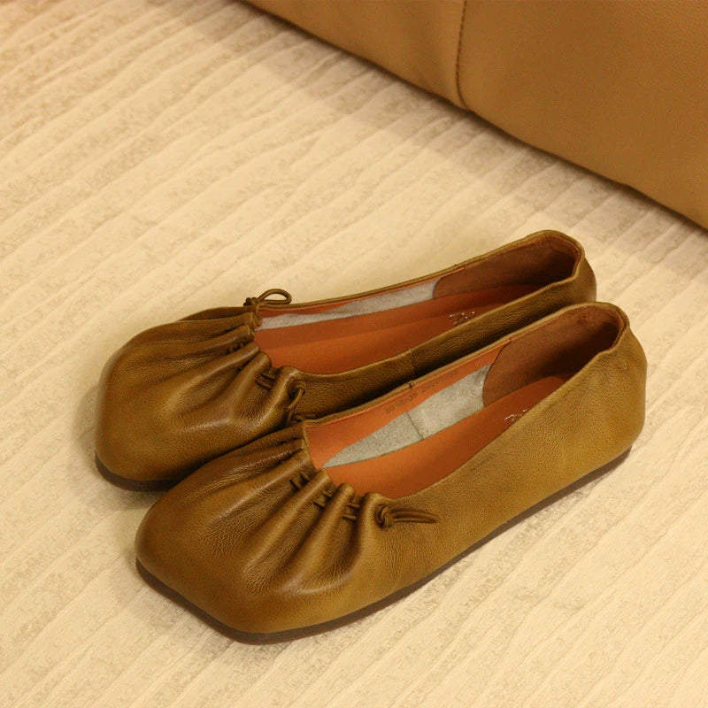 Women Summer Genuine Leather Square Toe Shallow Slip-Ons Flats