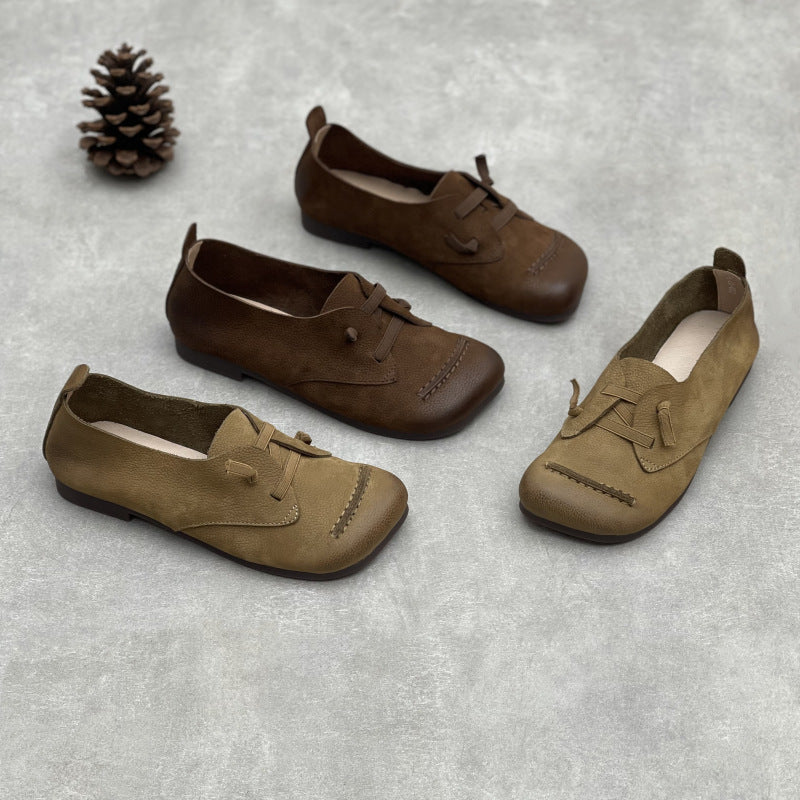 Women Retro Casual Versatile Soft Leather Low Heel Slip-Ons