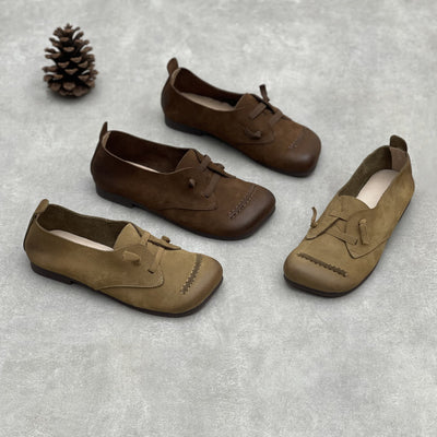 Women Retro Casual Versatile Soft Leather Low Heel Slip-Ons