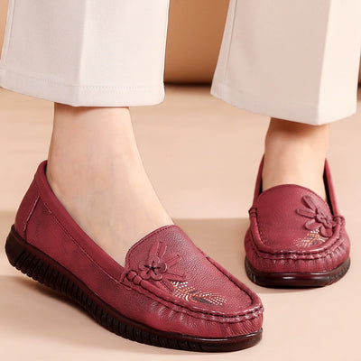Babakud Women Spring Vintage Floral Leather Flat Loafers