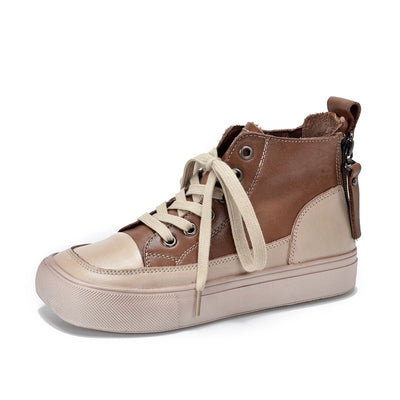 Women Retro Leather Patchwork Versatile Platform Shoes