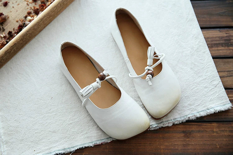 Summer Retro Leather Shallow Closed Toe Fringe Flat Shoes