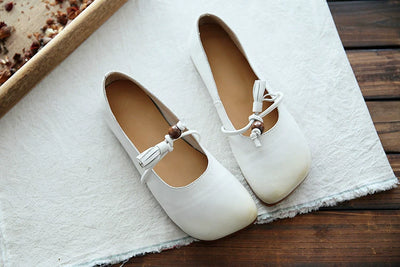 Summer Retro Leather Shallow Closed Toe Fringe Flat Shoes