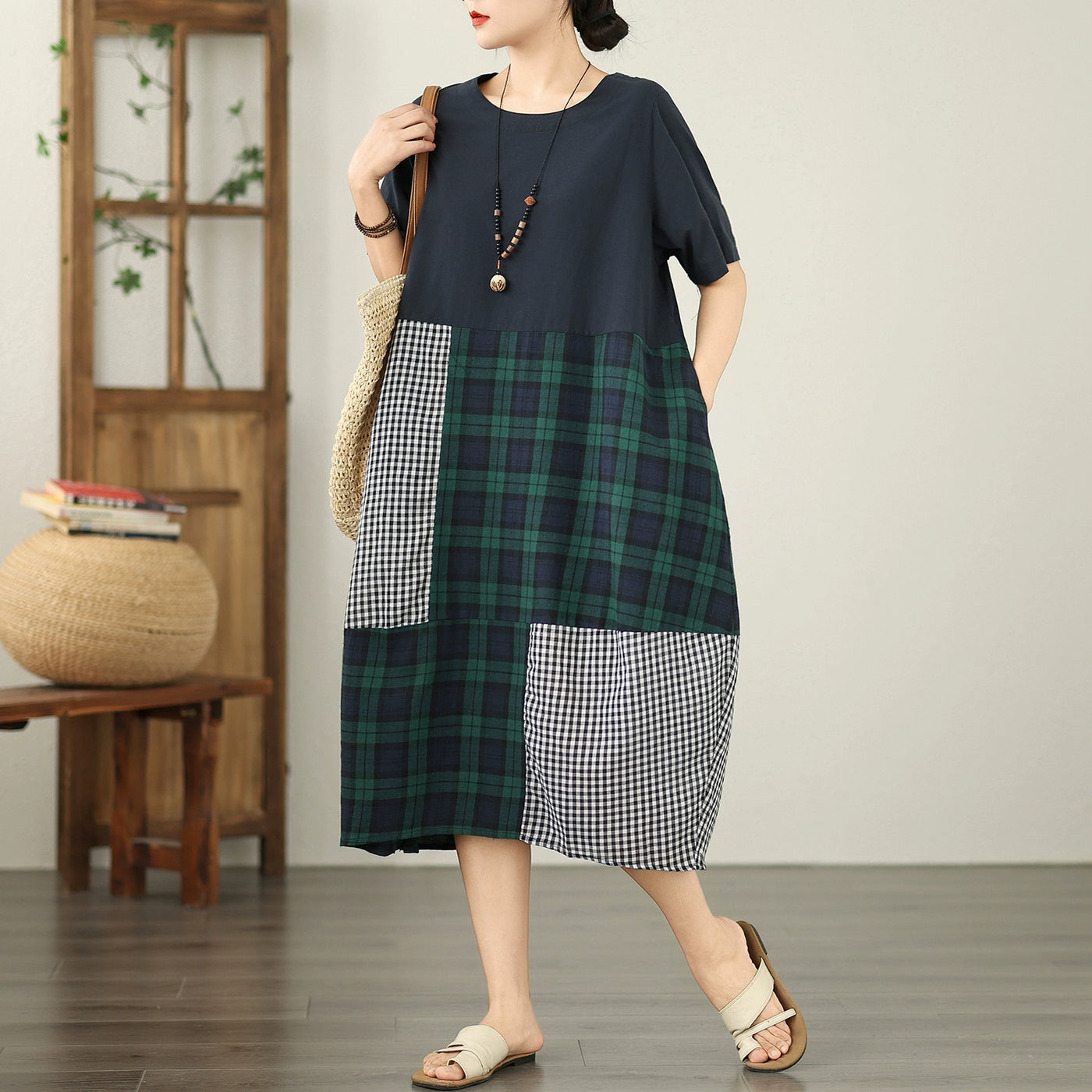 Loose Trendy Retro Short Sleeves Color Block Plaid Cotton Dresses