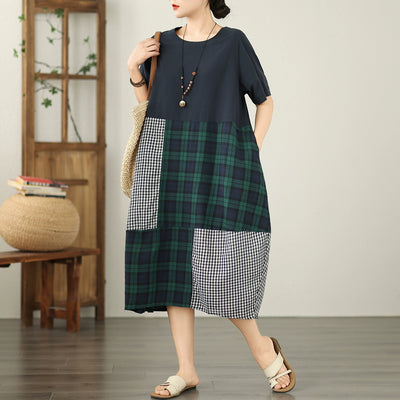 Loose Trendy Retro Short Sleeves Color Block Plaid Cotton Dresses