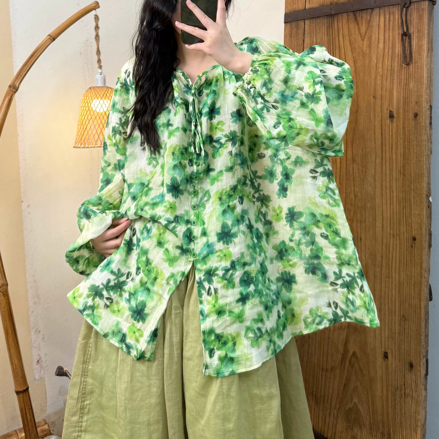 Women Spring Vintage Ramie Printed Floral Long Sleeve Shirt