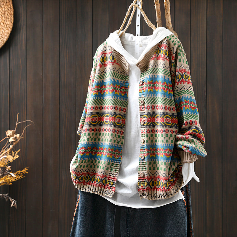 Women Spring Retro Cotton Knit Printed Casual Loose Cardigan