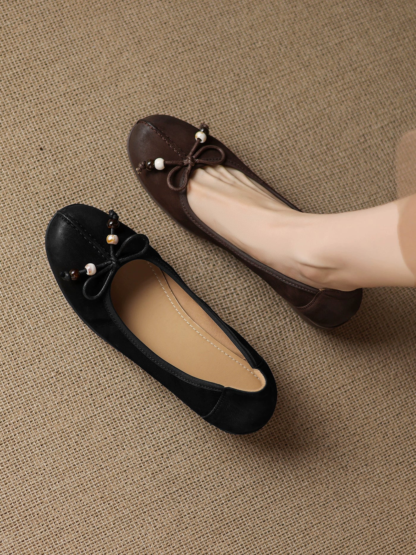 Elegant Sheepskin Leather Round Toe Shallow Bow Shoes