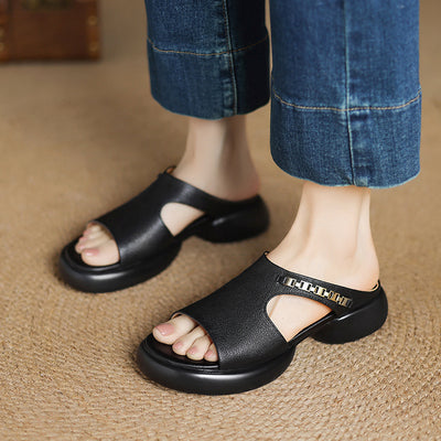 Summer Sheepskin Leather Open Toe Casual Chunky Shoes